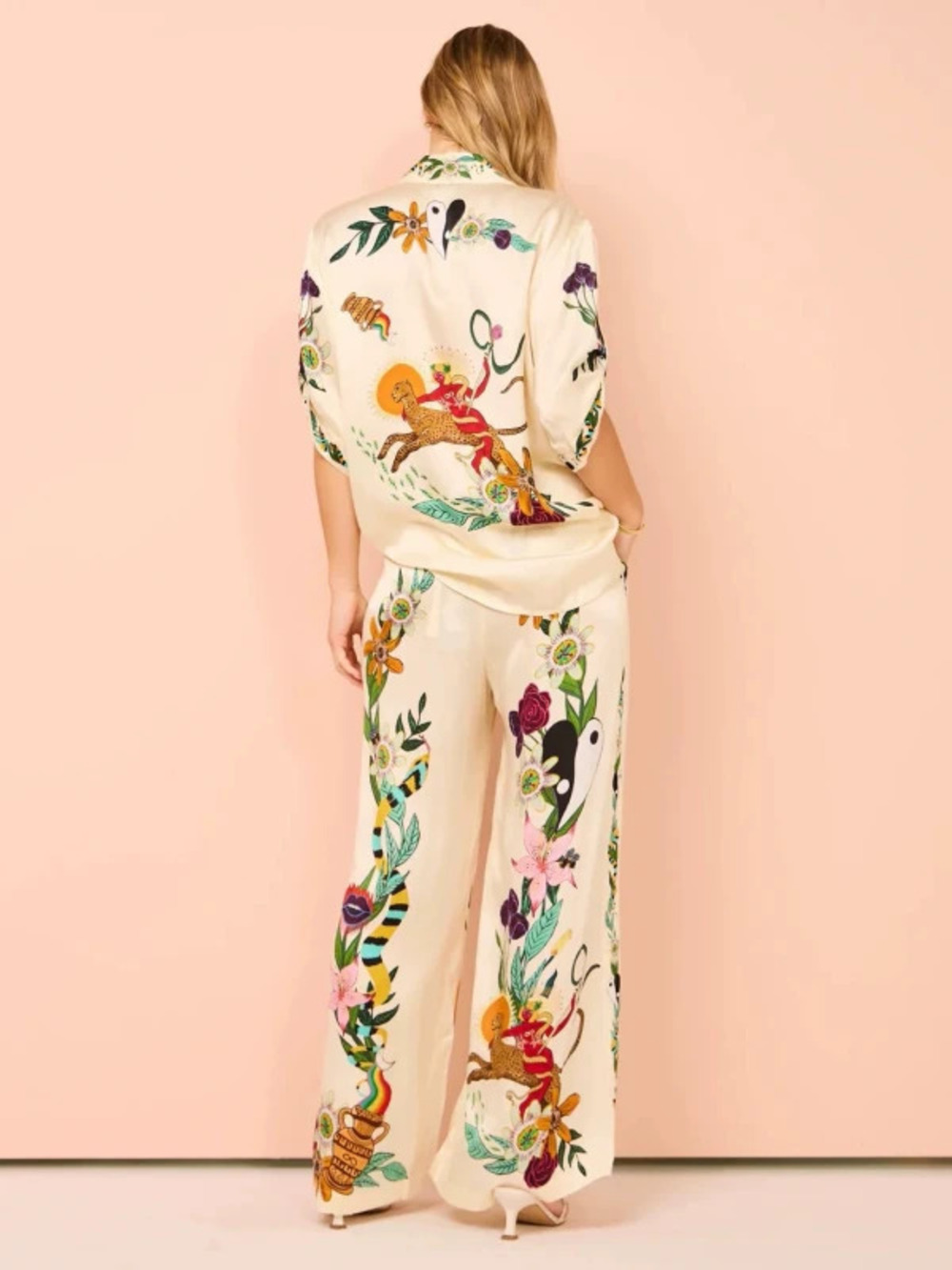 ZARA Satin Print Short Sleeve Blouse And Pants Two Piece Set